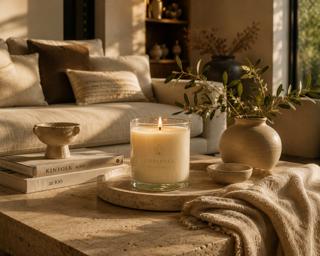 Bougie parfumées dans un salon cocooning - Ambiance Essentielle