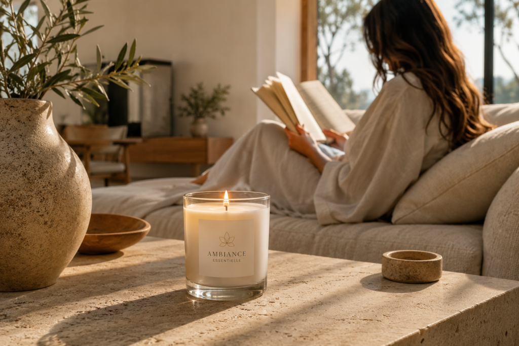 bougie parfumée dans un salon - Ambiance Essentielle