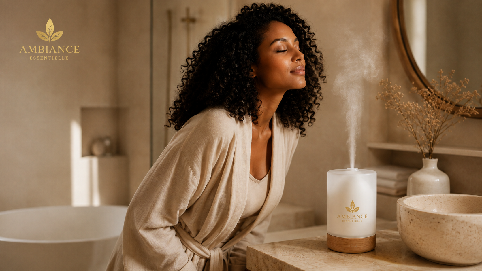 femme qui respire des vapeurs d'un diffuseur de parfum