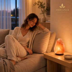 Élise à coté d une lampe de sel de l’Himalaya dans son salon