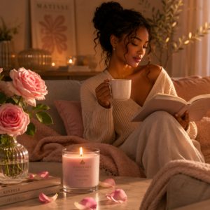 Femme profitant d'un moment de détente avec une bougie parfumée florale