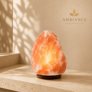 Lampe de sel de l’Himalaya allumée dans un salon chaleureux