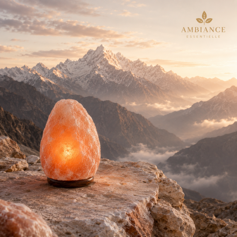 Lampe de sel de l’Himalaya dans un paysage minéral inspiré de son origine