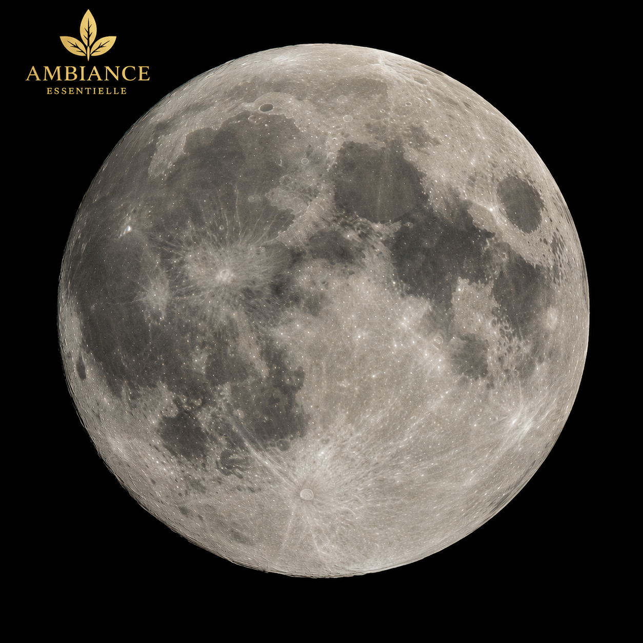 Pleine lune réaliste sur fond noir avec cratères détaillés, inspiration visuelle du diffuseur ultrasonique lune 3D.
