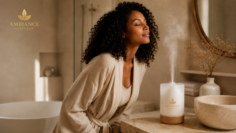 femme qui respire des vapeurs d'un diffuseur de parfum